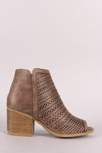 Load image into Gallery viewer, Qupid Perforated Peep Toe Chunky Heeled Ankle Boots