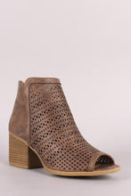 Load image into Gallery viewer, Qupid Perforated Peep Toe Chunky Heeled Ankle Boots