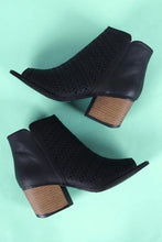 Load image into Gallery viewer, Qupid Perforated Peep Toe Chunky Heeled Ankle Boots