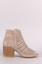 Load image into Gallery viewer, Qupid Perforated Peep Toe Chunky Heeled Ankle Boots