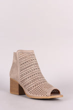 Load image into Gallery viewer, Qupid Perforated Peep Toe Chunky Heeled Ankle Boots