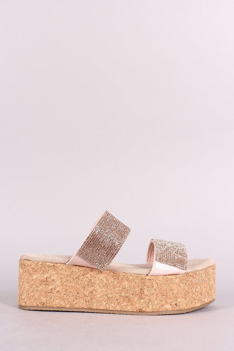 Qupid Double Rhinestone Straps Open Toe Cork Flatform Sandal